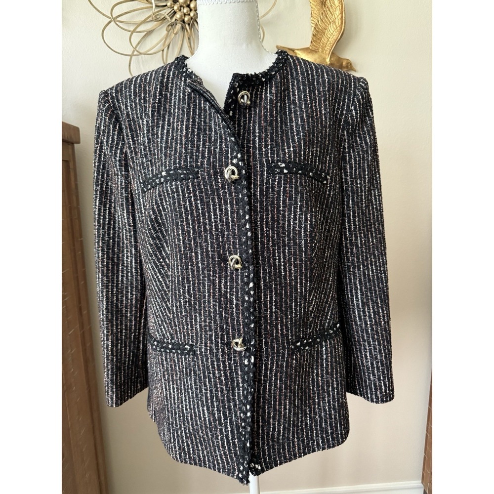 BOSS Jia3 Stripe Tweed Jacket Womens L Black Metallic Boucle Fringe Trim